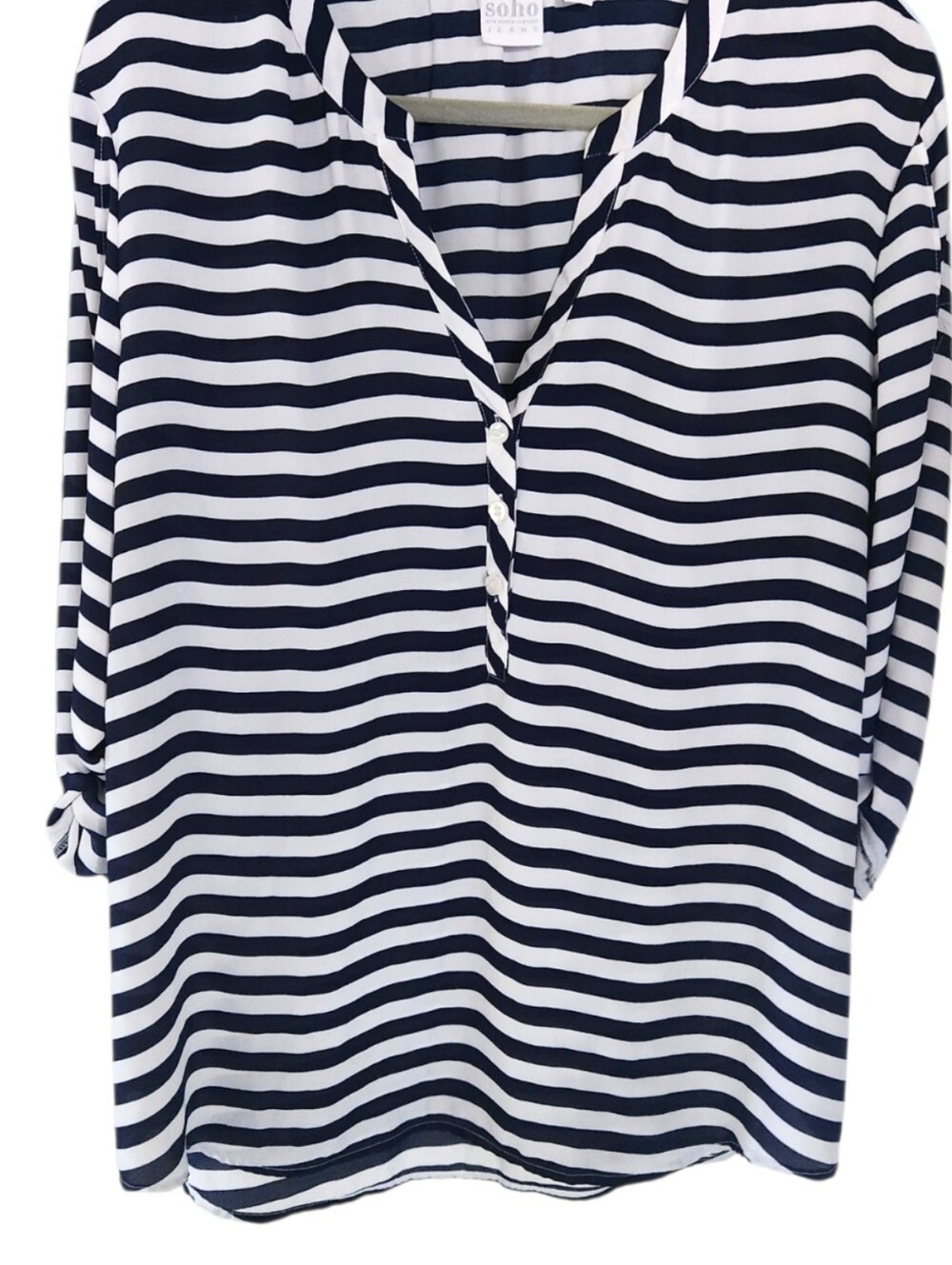 Soho New York & Company Navy/White Striped Chiffon Split-neck 3/4 Sleeve Top XL
